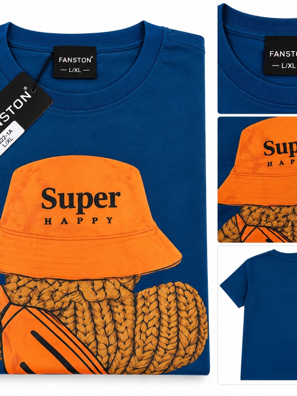 Kids' Blue T-Shirt with Orange 'Super Happy' Hat Graphic